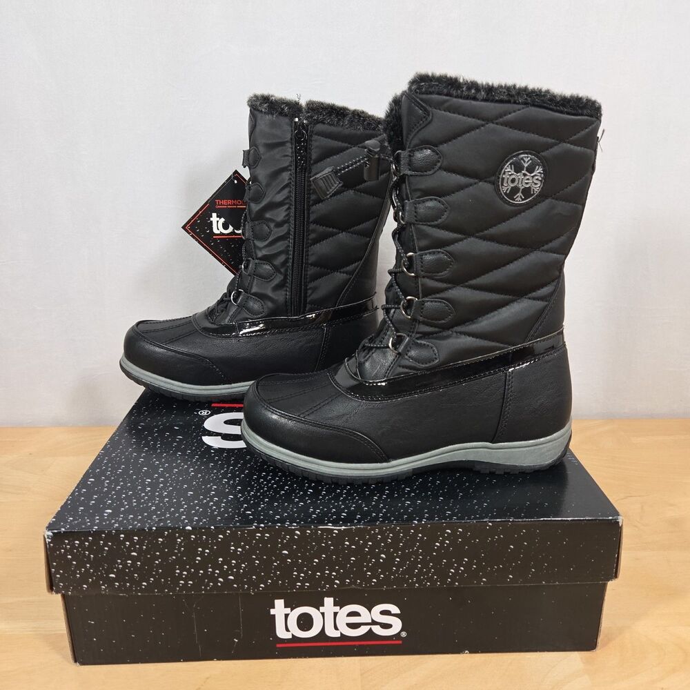 Totes End Game Black Boots Women's Sz 8 M Thermolite Zip Lace Up